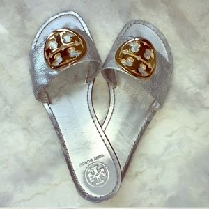 Tory Burch Grania Slide Silver with Gold Logos